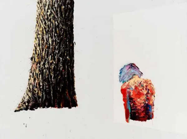 A painting of a tree bark and the top half of a figure hunched over that is painted in red and several other colors.