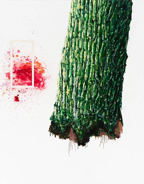 A painting of a green tree bark that has been uprooted. To the left of it is a frame of a doorway with splotches of red behind it.