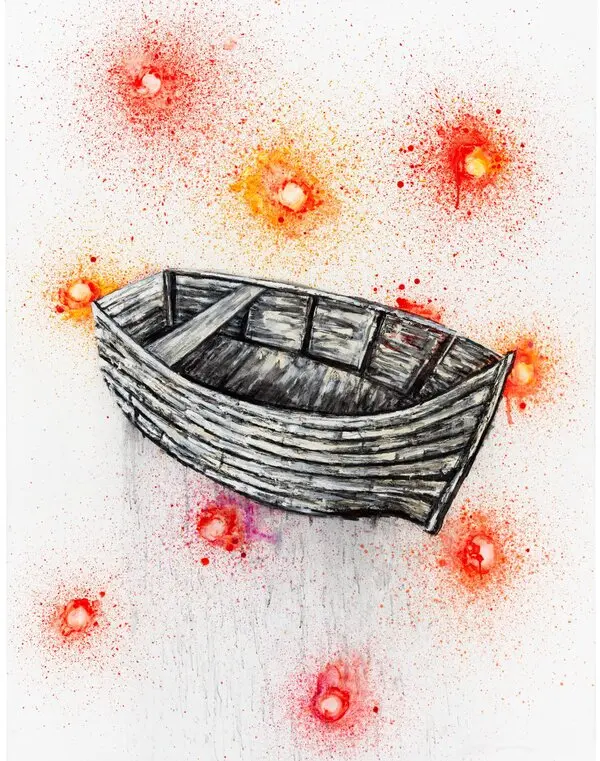 A boat floats on a canvas amid splotches of orange and red.