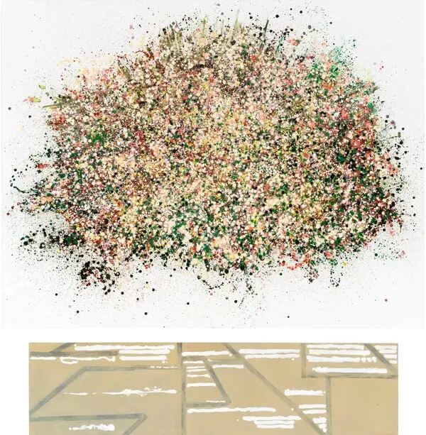 Splotches of multicolor paint float above a tan-colored maze of lines.